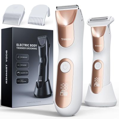 Trimcoo New Bikini Trimmer for Women [LED Light & Diaplay] Electric Foil Shaver for Men, Body Hair Trimmer for Face, Groin, Arm, Back, Wet/Dry Painless Groomer with Ceramic Blade,Travel Razor, White