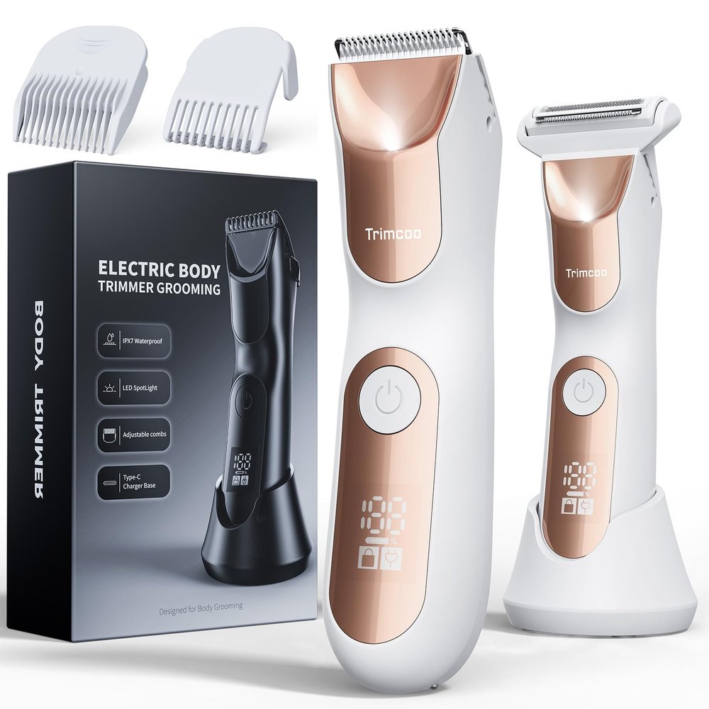 Trimcoo New Bikini Trimmer for Women [LED Light & Diaplay] Electric Foil Shaver for Men, Body Hair Trimmer for Face, Groin, Arm, Back, Wet/Dry Painless Groomer with Ceramic Blade,Travel Razor, White