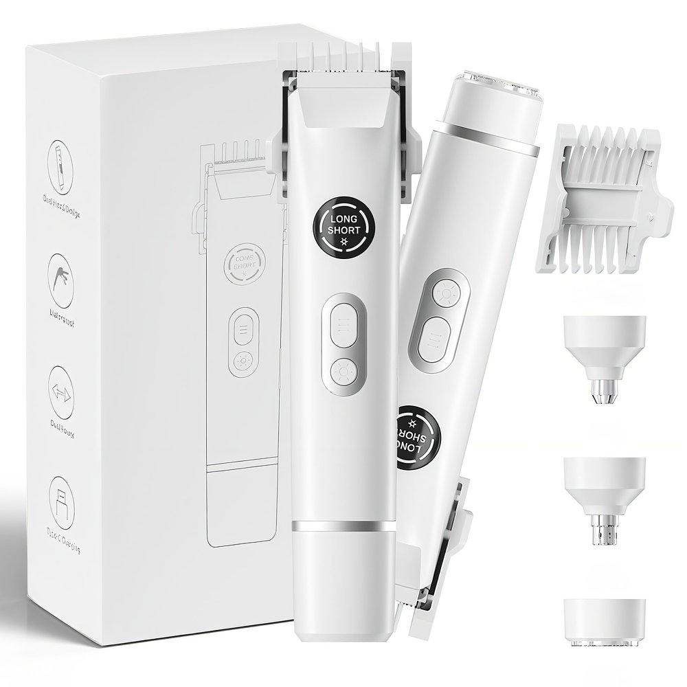 4 in 1 Bikini Trimmer for Women, Upgrade Dual Head Electric Painless Razor, IPX7 Waterproof Wet & Dry Use Electric Razor with Led Light and Display for Nose, Eyebrow, Bikini, Body (White)