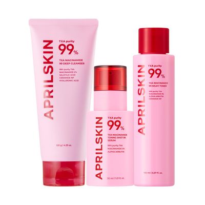 APRILSKIN TXA Deep Cleansing & Hydrating Trio: TXA Niacinamide Pore Cnsare Pink Bubble Gum Deep Cleaer, TXA Toning Shot Spicule Serum and Pink Milky Toner