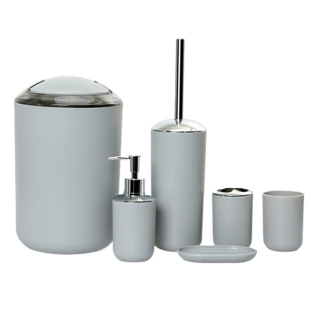 DUYHBAWRS 6Pcs Bathroom Accessories Set Toothbrush Holder Cup Soap Dispenser Dish Toilet Brush Trash Can Plastic Tumbler Cup Washroom Tool(Gray)