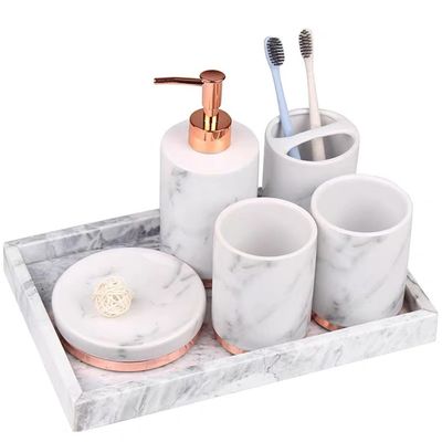 DUYHBAWRS White Marble Bathroom Mouthwash Cup Toothbrush Holder Lotion Bottle Dish Ceramic 5pcs Home Hotel Washing Set