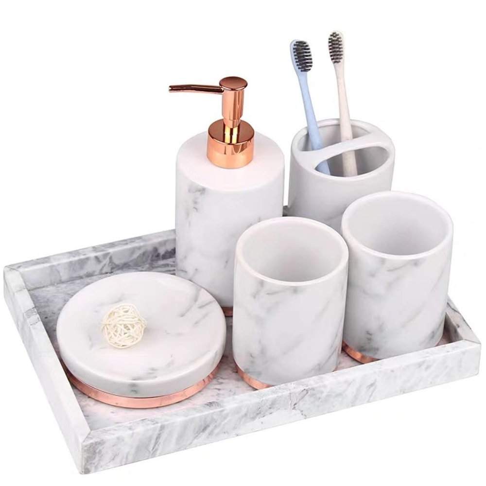 DUYHBAWRS White Marble Bathroom Mouthwash Cup Toothbrush Holder Lotion Bottle Dish Ceramic 5pcs Home Hotel Washing Set