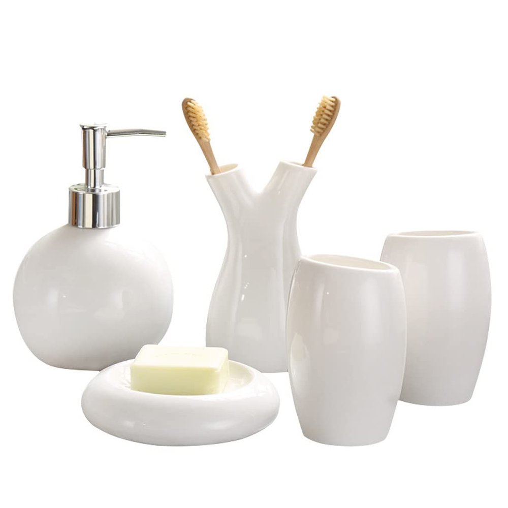 DUYHBAWRS Wash Five Piece Set Ceramic Soap Rack Toothbrush Holder Mouth Cup Liquid Soap Bottle Container Bathroom Accessories Set