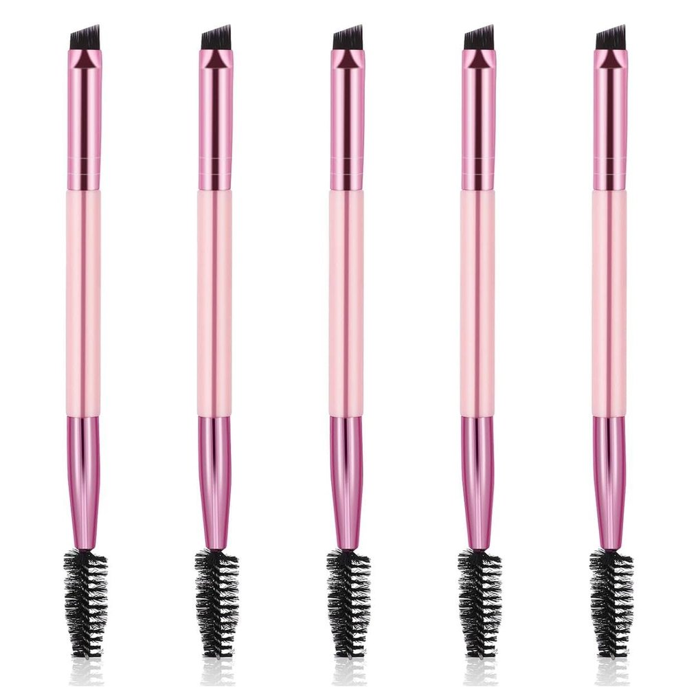 5PCS Pink Dual Angled Brow Brushes, Angled Dual-Ended Brushes for Eyebrows, Shaping & Filling Eyebrow Brush for Powders Waxes Gels