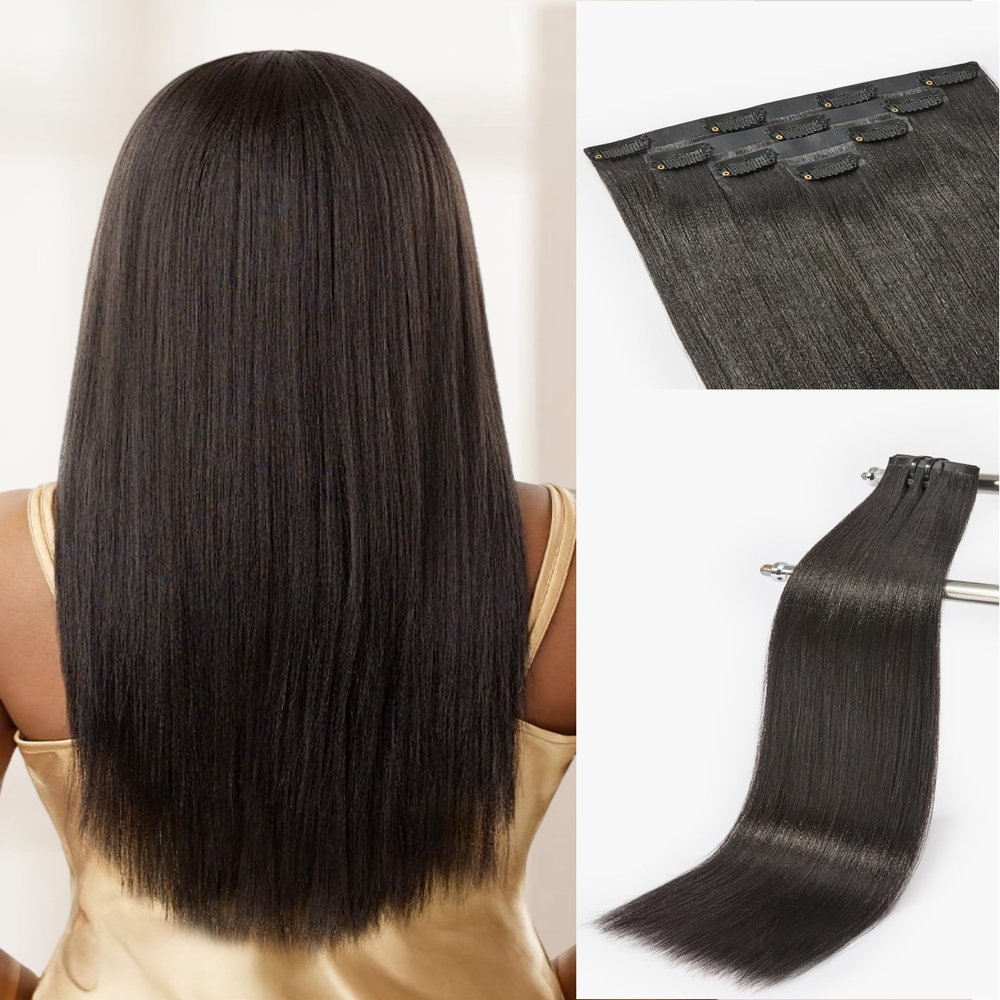 LUVME Yaki Straight Seamless 70g 4Pcs Clip in Hair Extensions Full Max with 16inch Remy Human Hair Clip ins Extensions, Natural Black 100% Real Soft Hair