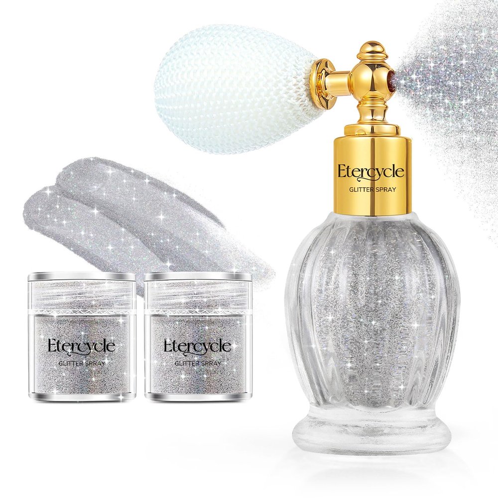Etercycle Body Glitter Spray, Silver Hair Glitter Shimmer Sparkle Powder, Extra Fine Face Body Shimmer Cosmetic Glitter Makeup for Rave Clothes Nail Art Easter Halloween Crafts