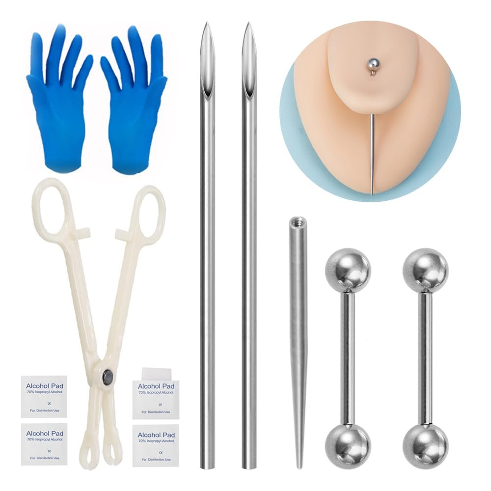Tongue Nipple Piercing KitSterile Body Piercing Tool Set With Piercing Needles Clamp Forceps Nipple Ring Piercing Gun Body Jewelry Kit