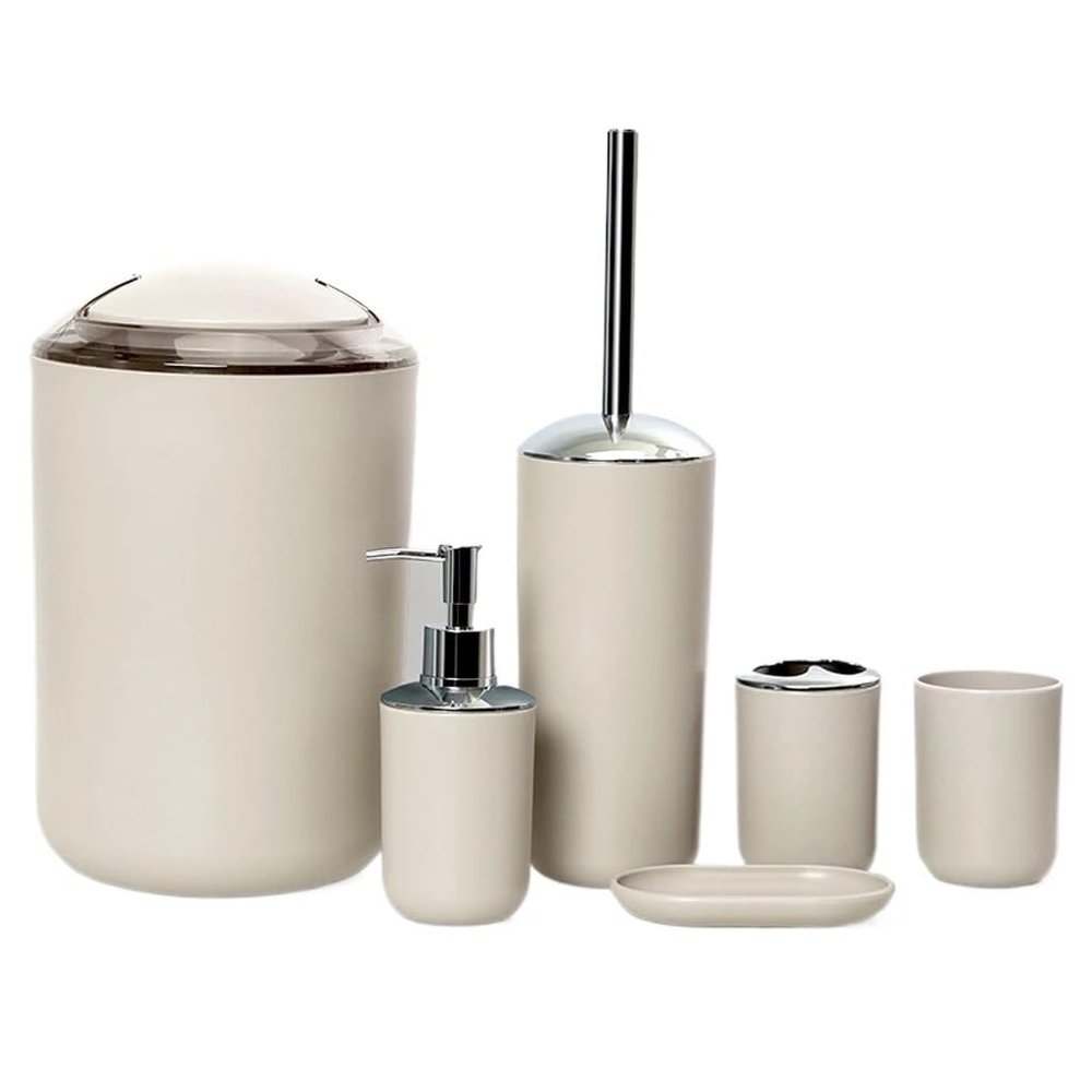 DUYHBAWRS 6Pcs Bathroom Accessories Set Toothbrush Holder Cup Soap Dispenser Dish Toilet Brush Trash Can Plastic Tumbler Cup Washroom Tool(Beige)