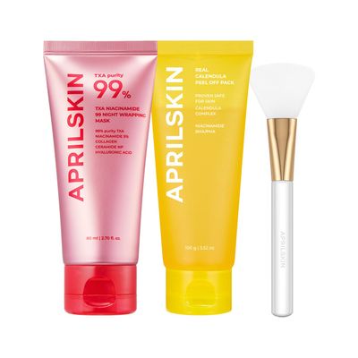 APRILSKIN Pore Care & Glow Duo with Jelly Brush: TXA Niacinamide 99 Overnight Wrapping Mask Duo and Jelly Brush, Calendula Flower-Infused Facial Peel Off Mask and Jelly Brush