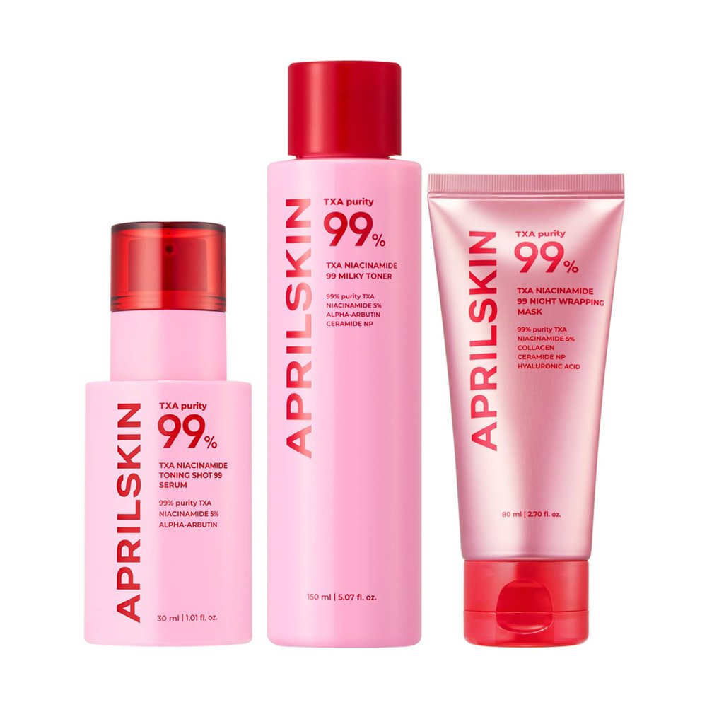 APRILSKIN TXA Overnight Glow Booster Trio: TXA Toning Shot 99 Spicule Facial Serum, Pink Milky Toner and TXA Overnight Wrapping Mask