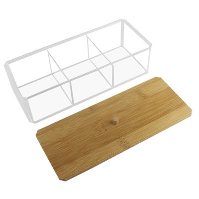 ABOOFAN Compartment Organizer for Cotton Swabs and Cosmetic Pads Bathroom Storage Container with Bamboo Lid and Acrylic Design for Easy Access and Neat Countertop Organization
