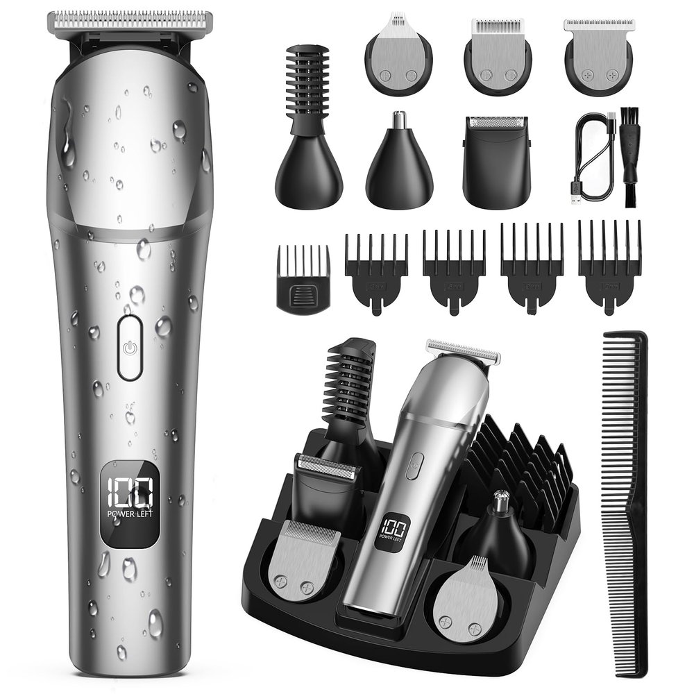 HOOICB Beard Trimmer for Men, Cordless Hair Clippers with LED Display, All in One Rechargeable Hair Cutting Kit, Waterproof Electric Shavers for Men