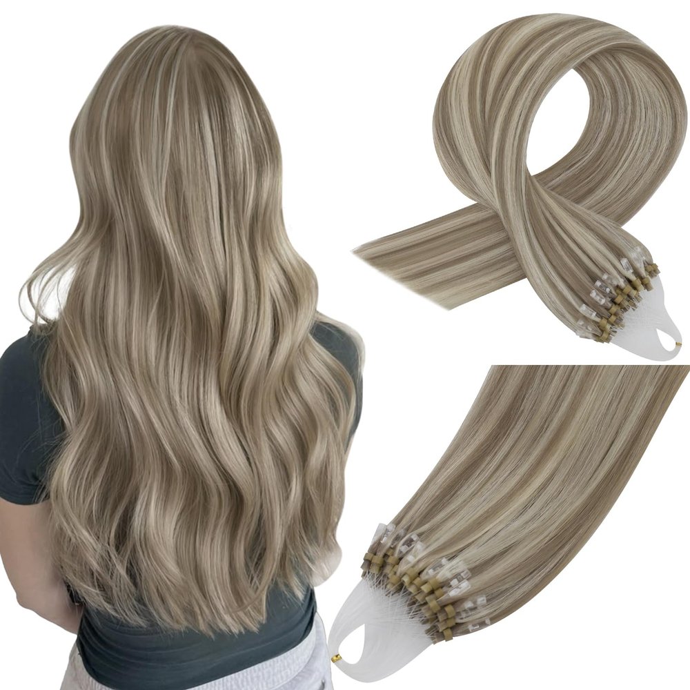 Easyouth Micro Ring Hair Extensions Human Hair Highlight Micro Extensions Human Hair Highlight Light Brown and Blonde Micro Bead Hair Extension Real Human Hair Long Straight Hair 22 Inch 57g 50s