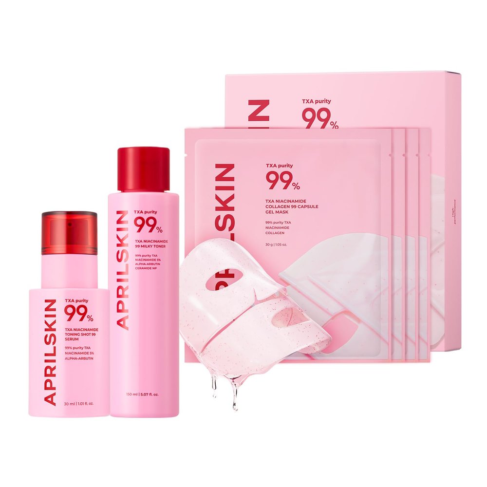 APRILSKIN TXA Glass Skincare Trio: TXA Niacinamide Toning Shot 99 Spicule Facial Serum, TXA Niacinamide 99 Pink Milky Toner and TXA Pink Capsule Gel Mask(4ea)