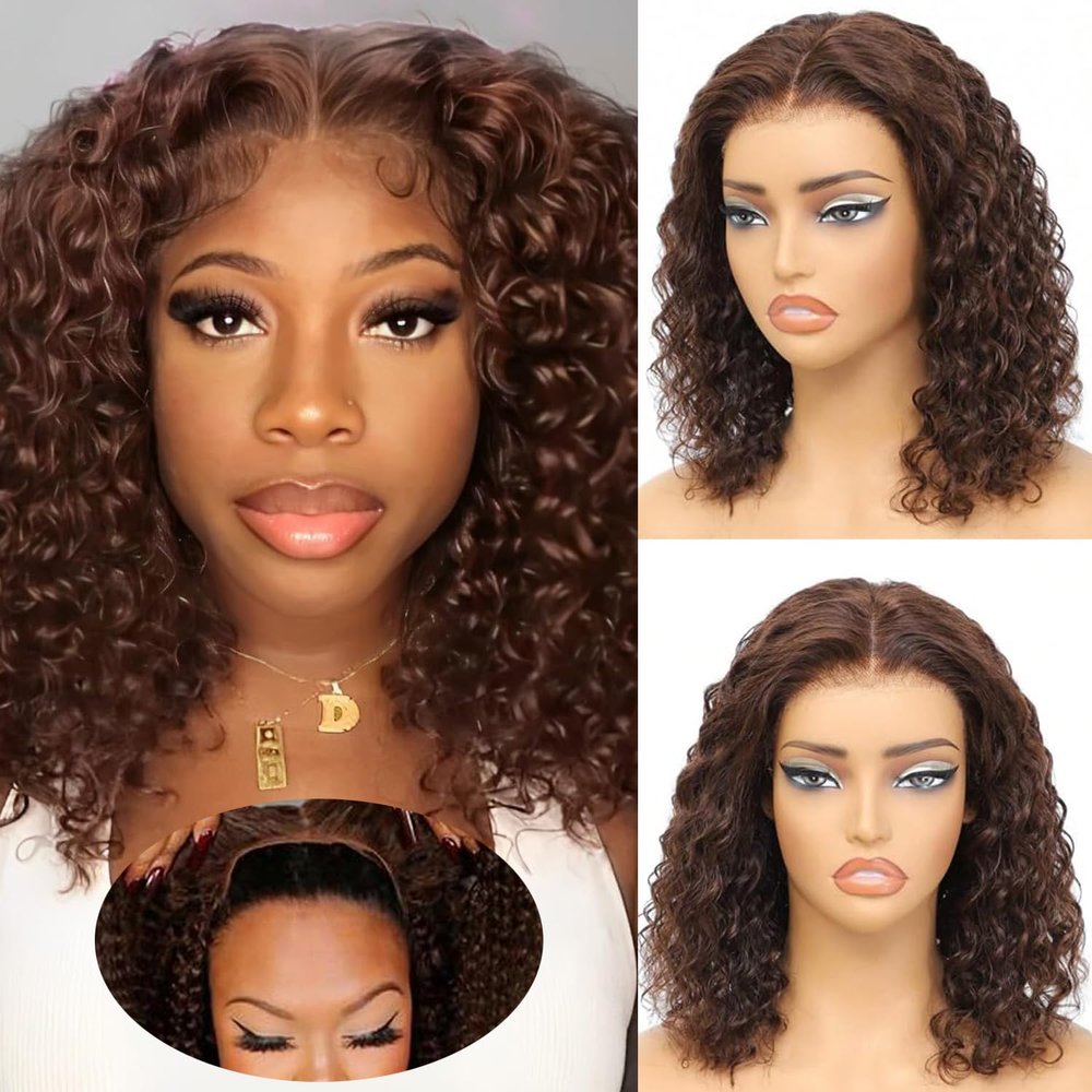 Fronbanis Chocolate Brown Deep Wave Bob Wig Human Hair 5x5 HD Lace Closure Wigs for Black Women Glueless Wear and Go Wigs Human Hair Pre Plucked Curly Bob Wig 180 Density Brazilian Hair 12 Inch