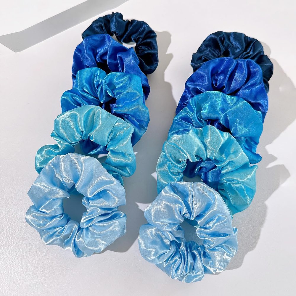 Satin Scrunchies for Women,10 Pack,Elastic Silk Scrunchy for Girl Buns Ballet,Large Hair Tie Band for All Hair, Blue Ombre Shades Collection