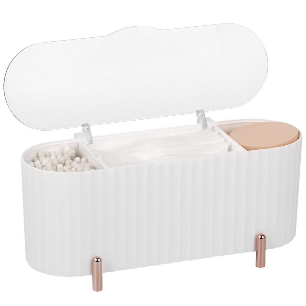 3-Slot Cosmetic Organizer With Transparent Lid, Countertop Holder For Cotton Pads, Swabs, Sponges For Bathroom And Vanity