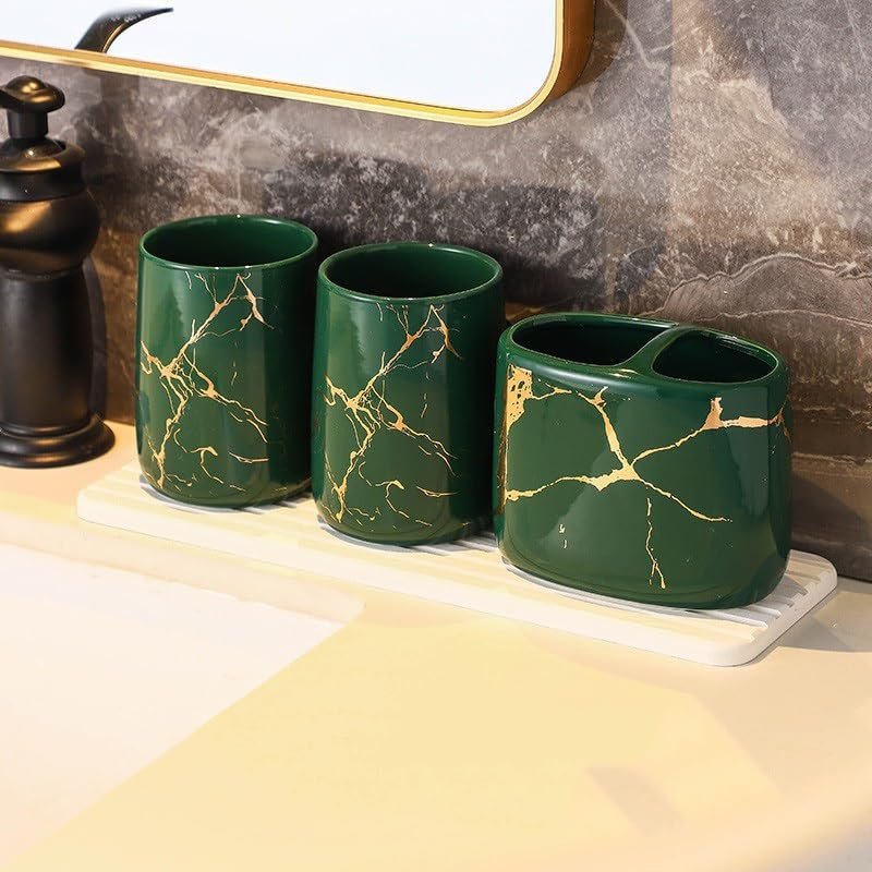 DUYHBAWRS Partition Toothbrush Holder for Household Bathroom Marbled Ceramic Cosmetic Toothbrush Cup(Black)