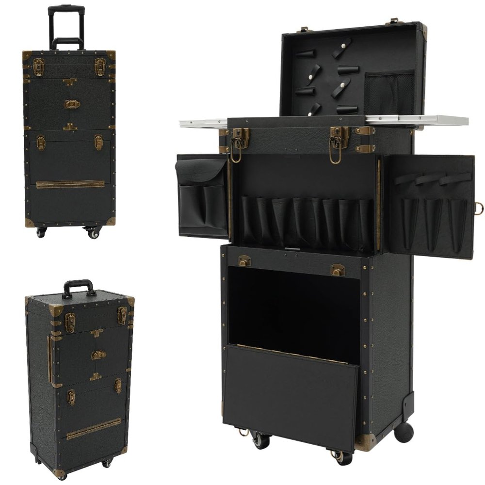 TTeralmon Black Rolling Makeup Case Professional with Hairdryer Holder Lockable Hair Stylist Travel Case with Wheels Cosmetology Case on Wheels