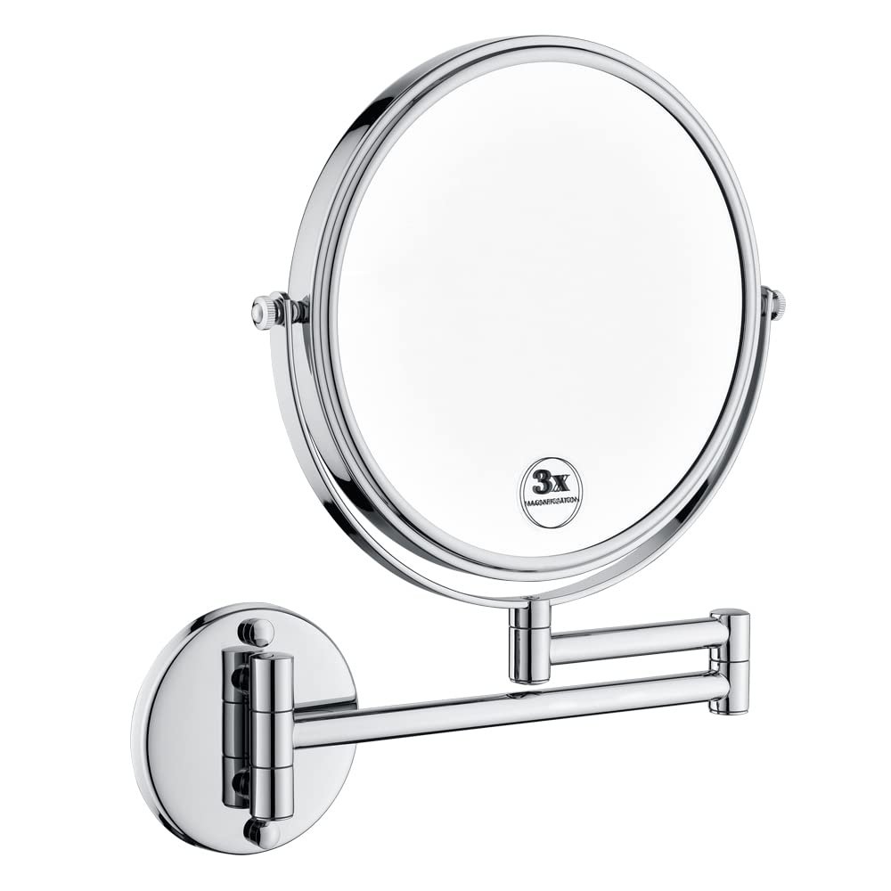 8 Inch LED Wall Mount Two Sided Magnifying Makeup Vanity Mirror 12 Inch Extension Chrome 1X,3X Magnification Plug 360 Degree Rotation Waterproof Button Shaving Mirror KP269