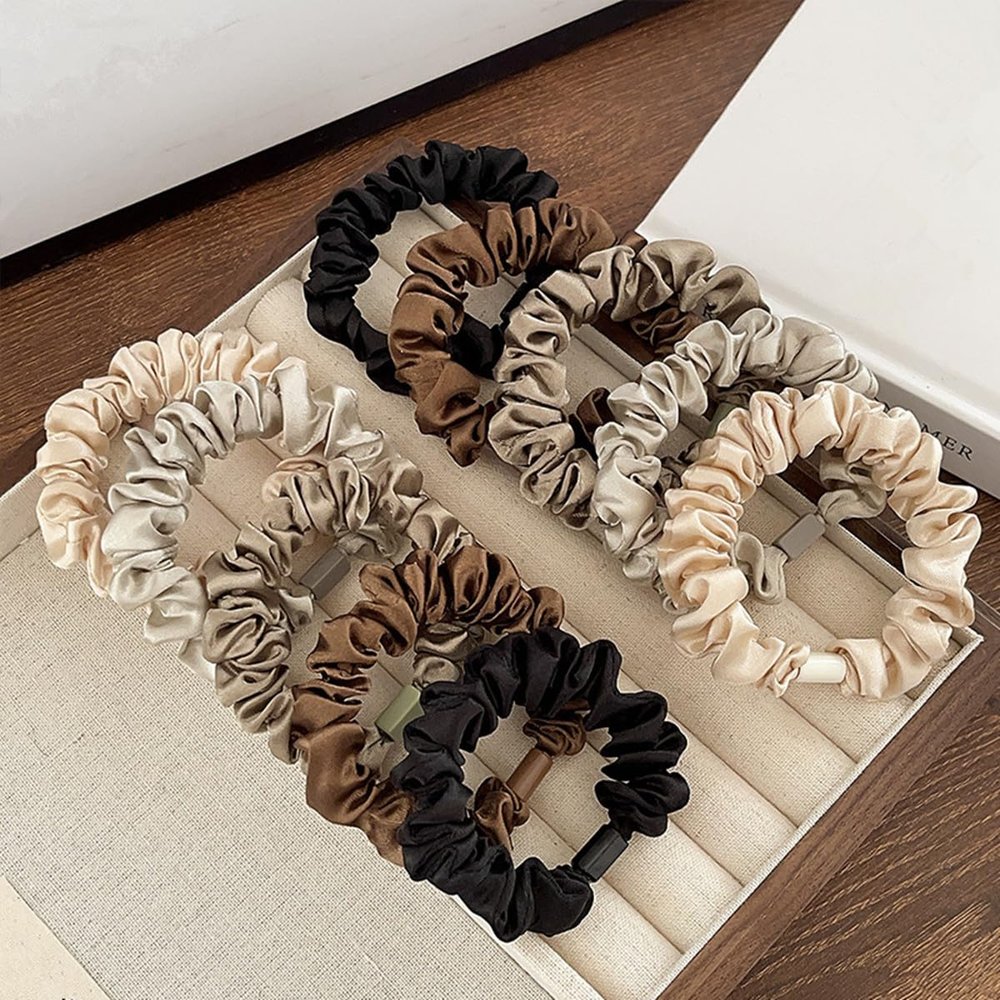 10pcs Women Classic Hair Ties,Small Silk Satin Sruchies for Women Girls,Elastic Hair Bands for Ponytail HolderNeutral Colors Collection, Black Brown Coffee