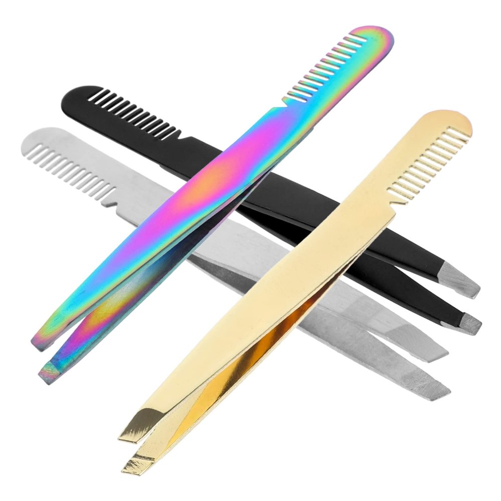 PartyKindom 4pcs Stainless Steel Tip Eyebrow Tweezers Brow Brushes for Eyebrows Tweezers Gold Silver