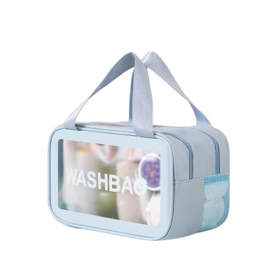 Clear Travel Toiletry Bag, Wet Dry Separation Makeup Cosmetic Bags, Large Thickened PVC Waterproof washbags with Handles Zippers for toiletries Women Girls Men(Skyblue,2 layer M)