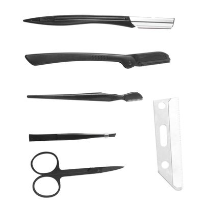 CALLARON Women Dermaplane Razor Set Eyebrow Trimmer Tweezers Comb Scissors Shaper Makeup Tools Accessory Compact Easy to Hold Black