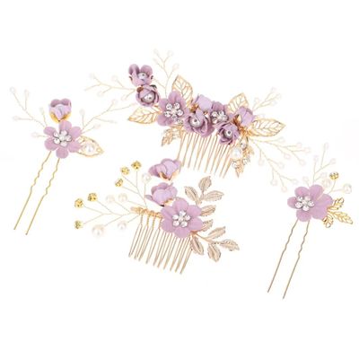 4Pcs/Set Bridal Hair Accessories Pearl Flower Wedding Hair Combs Bridesmaid Hairpins Tiara Headpiece Purple Hair Sticks