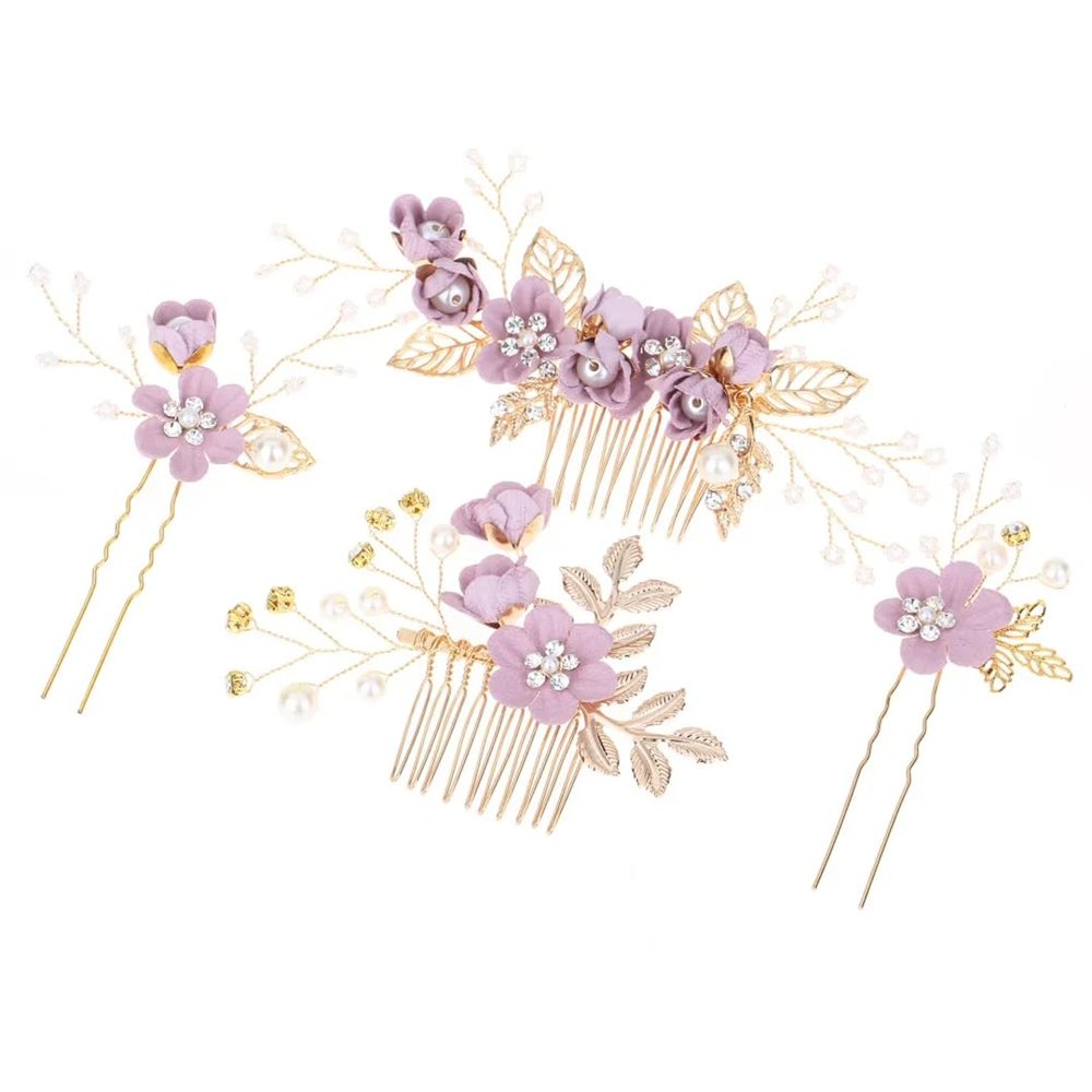 4Pcs/Set Bridal Hair Accessories Pearl Flower Wedding Hair Combs Bridesmaid Hairpins Tiara Headpiece Purple Hair Sticks