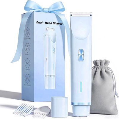 Bikini Trimmer for Women, 2-in-1 Painless Bikini Shaver with Ceramic Blade, Dual-Head Electric Shaver, Ipx7 Waterproof for Shower & Travel, Womens Electric Razor for Armpit Leg Body Facial, Blue