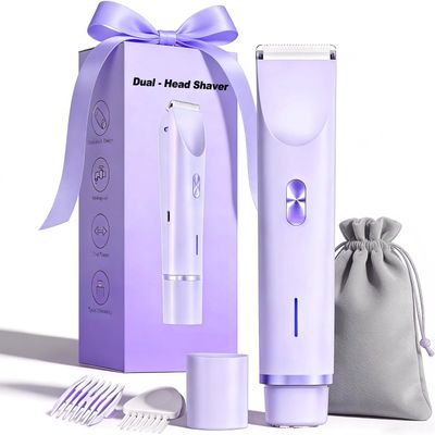 Bikini Trimmer for Women, 2-in-1 Painless Bikini Shaver with Ceramic Blade, Dual-Head Electric Shaver, Ipx7 Waterproof for Shower & Travel, Womens Electric Razor for Armpit Leg Body Facial, Purple