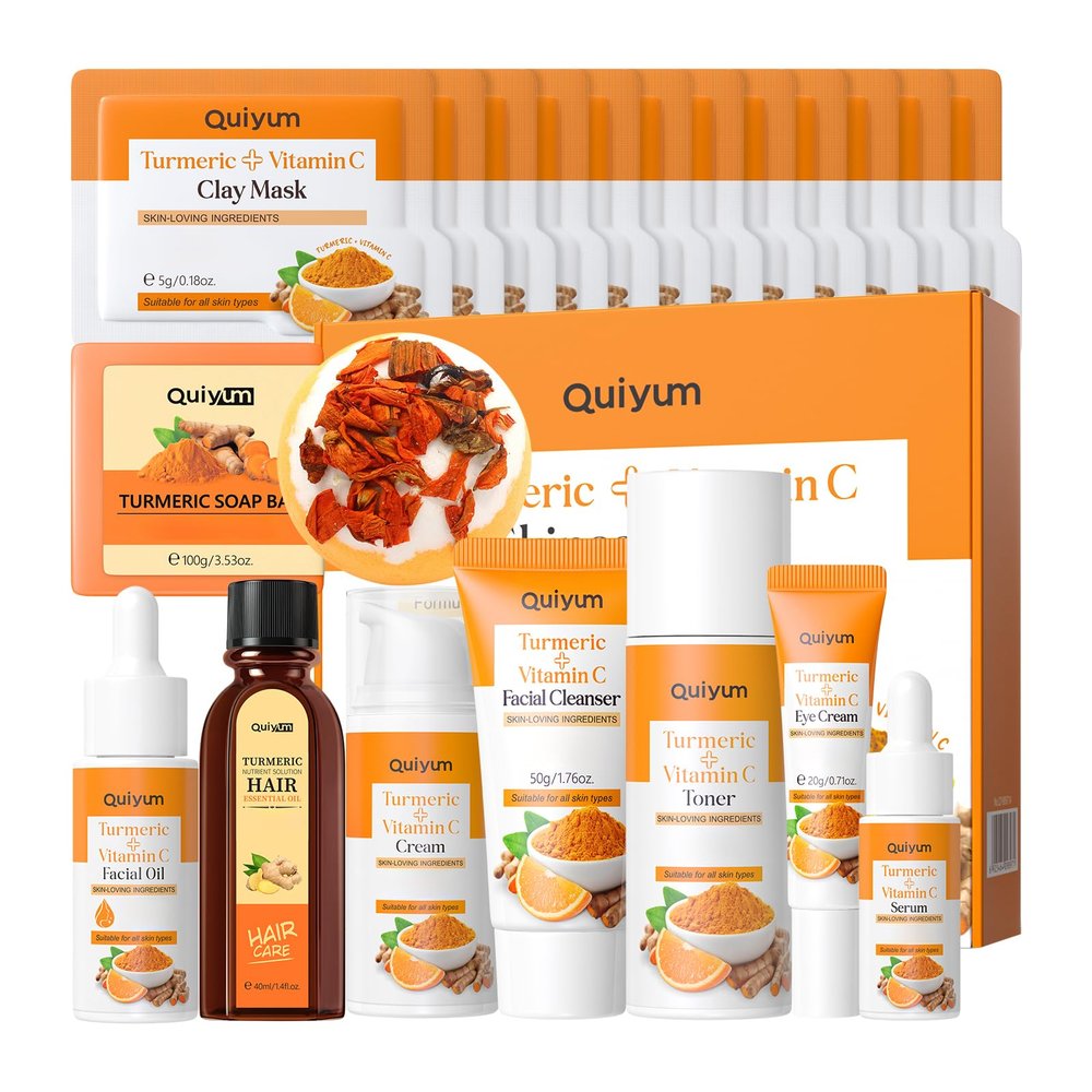 21Pcs Turmeric & Vitamin C Skincare Set, Facial Skin Care Routine Set Kit with Serum, Facial Oil, Soap Bar, Mud Mask, etc, Even Skin Tone, Reduce Acne, Moisturizing Women Mother's Day Gift