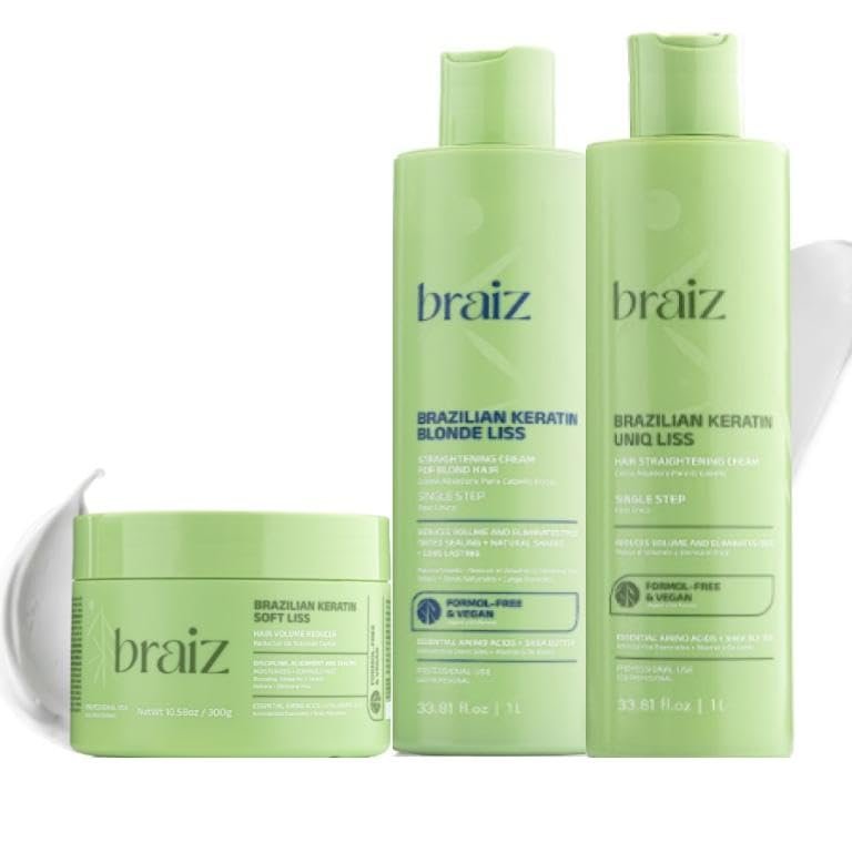 Braiz Hair Care Set with 2 Brazilian Keratin Straightening Treatments 33.81oz (Blonde Liss & Uniq Liss) + 1 Soft Botox Mask for Repair