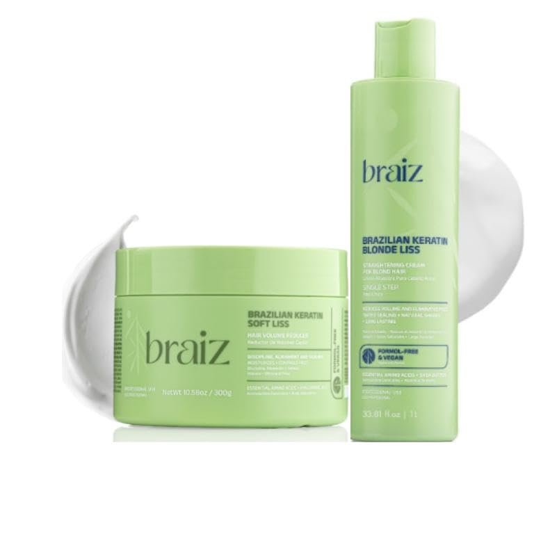 Braiz Soft Liss 10.14oz Hair Botox Mask and Brazilian Keratin Blonde Liss 33.81oz for Repair, Nourishment and Frizz Control on Sensitive and Blond Hair