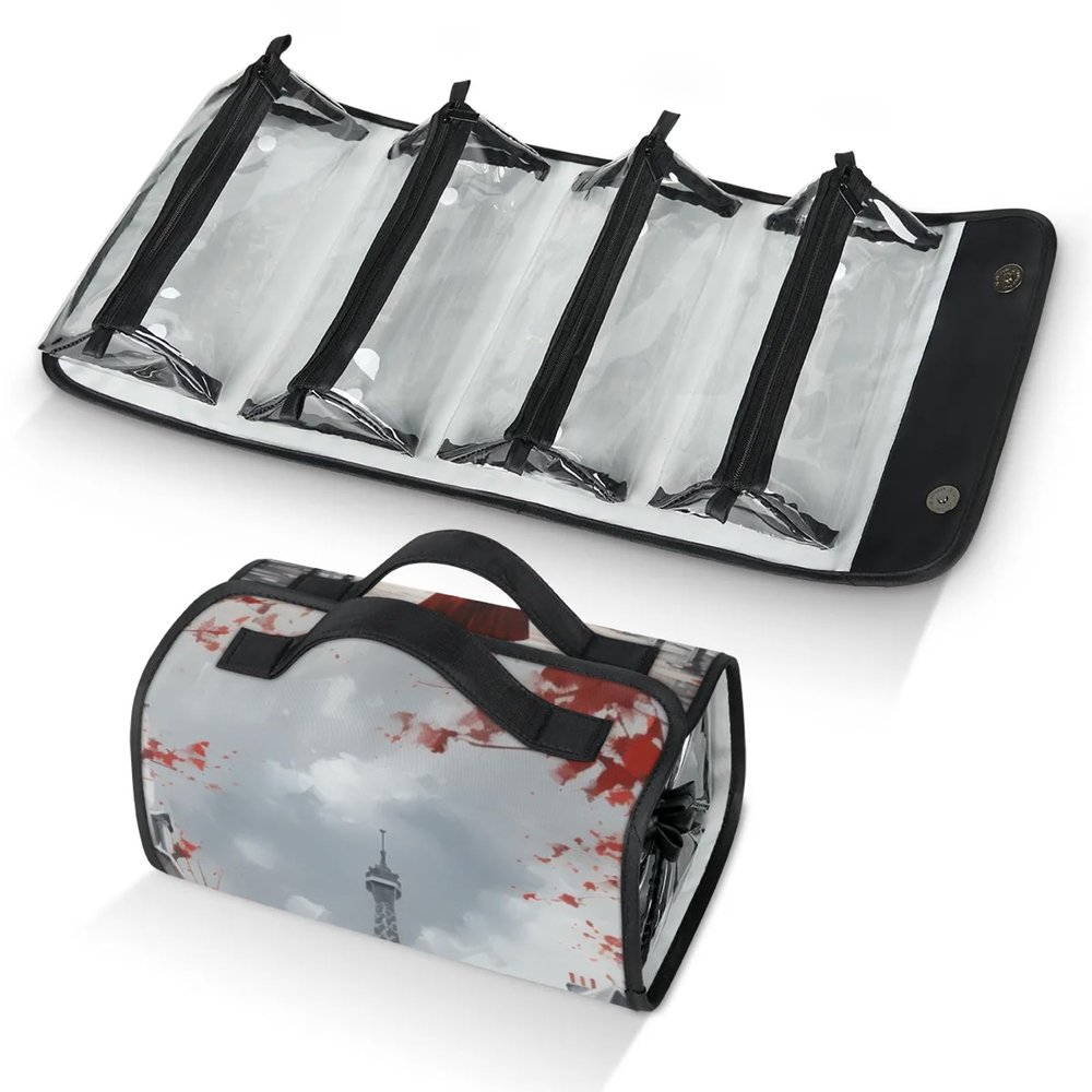 Xiaoyanbd Oil Painting Paris European City Landscape Travel Toiletry Bag for Women, 4 in 1 Roll Up Makeup Cosmetic Bag With 4 Removable PVC Zipper Pouch