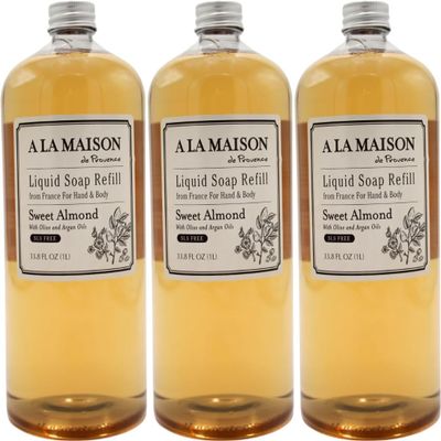 A LA MAISON Sweet Almond Natural Hand Wash Made with Essential Oils - Biodegradable, Plant-Based, Vegan, Cruelty-Free (33.8 Fl Oz Refill, 3 Pack)