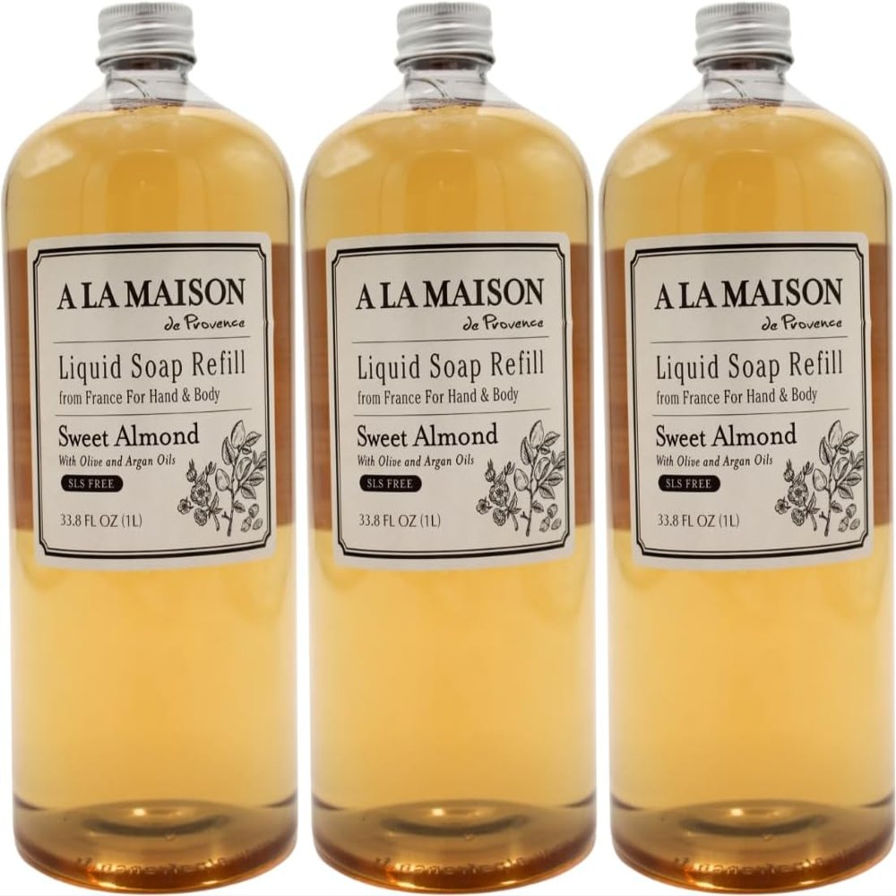 A LA MAISON Sweet Almond Natural Hand Wash Made with Essential Oils - Biodegradable, Plant-Based, Vegan, Cruelty-Free (33.8 Fl Oz Refill, 3 Pack)