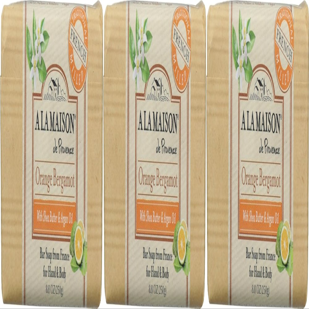 A LA MAISON Triple French Milled Bar Soap, 8.8 Ounces - Natural Moisturizing Hand Soap Bar (3 Bar of Soap, 8.8 Ounces, Orange Bergamot)
