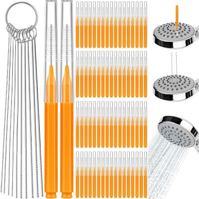 80 Pcs Shower Head Cleaner Tool, 70 Pcs Shower Head Cleaning Brush Picks for Unclogging Small Hole,10 Pcs Functional Nozzle Unclogger for Showerhead with Storage Box for Household Bathroom (Orange)