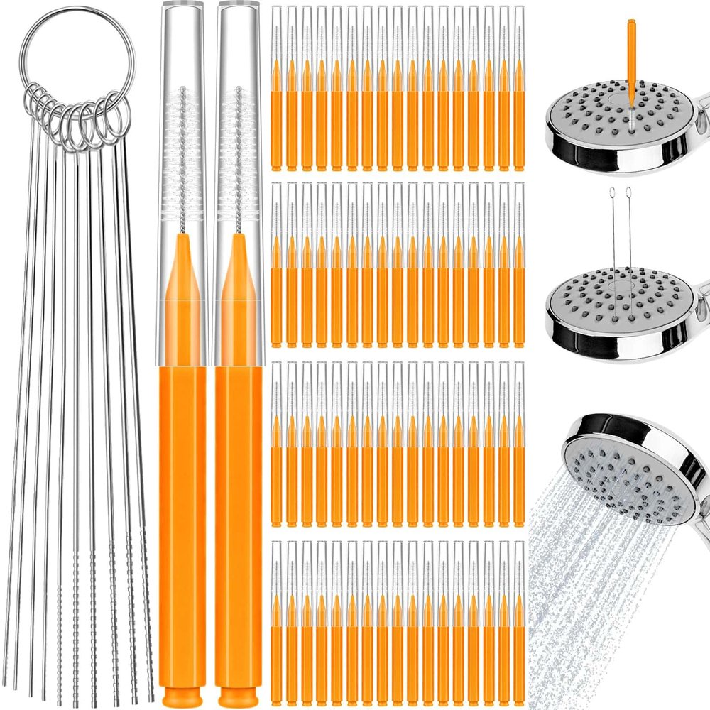 80 Pcs Shower Head Cleaner Tool, 70 Pcs Shower Head Cleaning Brush Picks for Unclogging Small Hole,10 Pcs Functional Nozzle Unclogger for Showerhead with Storage Box for Household Bathroom (Orange)