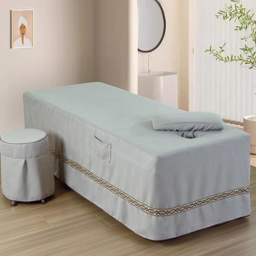 LDLCYCN B/Grey,70x185cm(S), Massage Table Skirt Massage Bed Cover with Face Hole Spa Bed Cover with Skirt Beauty Massage SPA Couch Cover with Skirt All-Round Wrap Massage Table Sheets for Salon