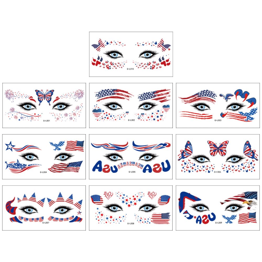 10 Sheets 4th of July Face Temporary Tattoo Sticker, Independence Day Face Eyes Tattoo Stickers Decorations Fit for Women Girls Patriotic Makeup Festival Party(Style 1)