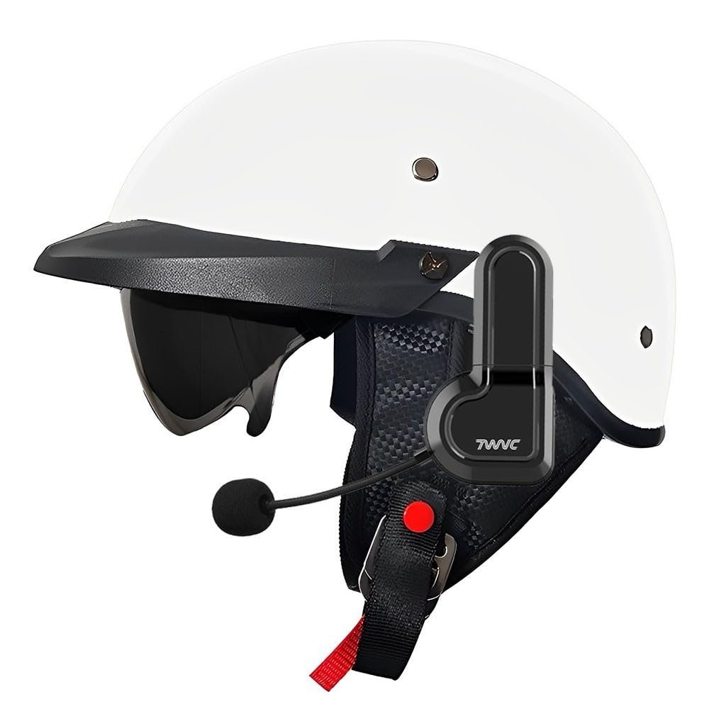 Casco Moto Vintage ECE - Medio Casco Retro con Bluetooth | ABS + EPS Reforzado | Visera HD Extrable para Hombre/Mujer | Forro Transpirable Lavable