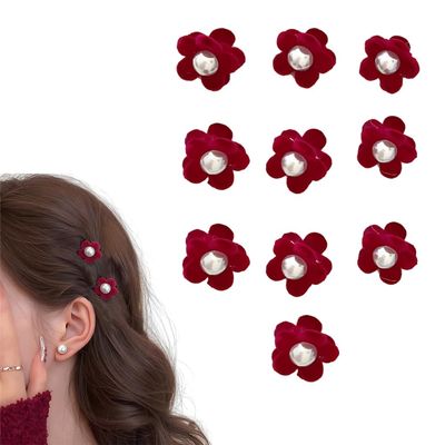 10Pcs Mini Flower Hair Clips for Women Girls Wine Red Small Flower Claw Clips with Pearl Hair Decorations for Women Girls Braids Toddler Clip for Hair