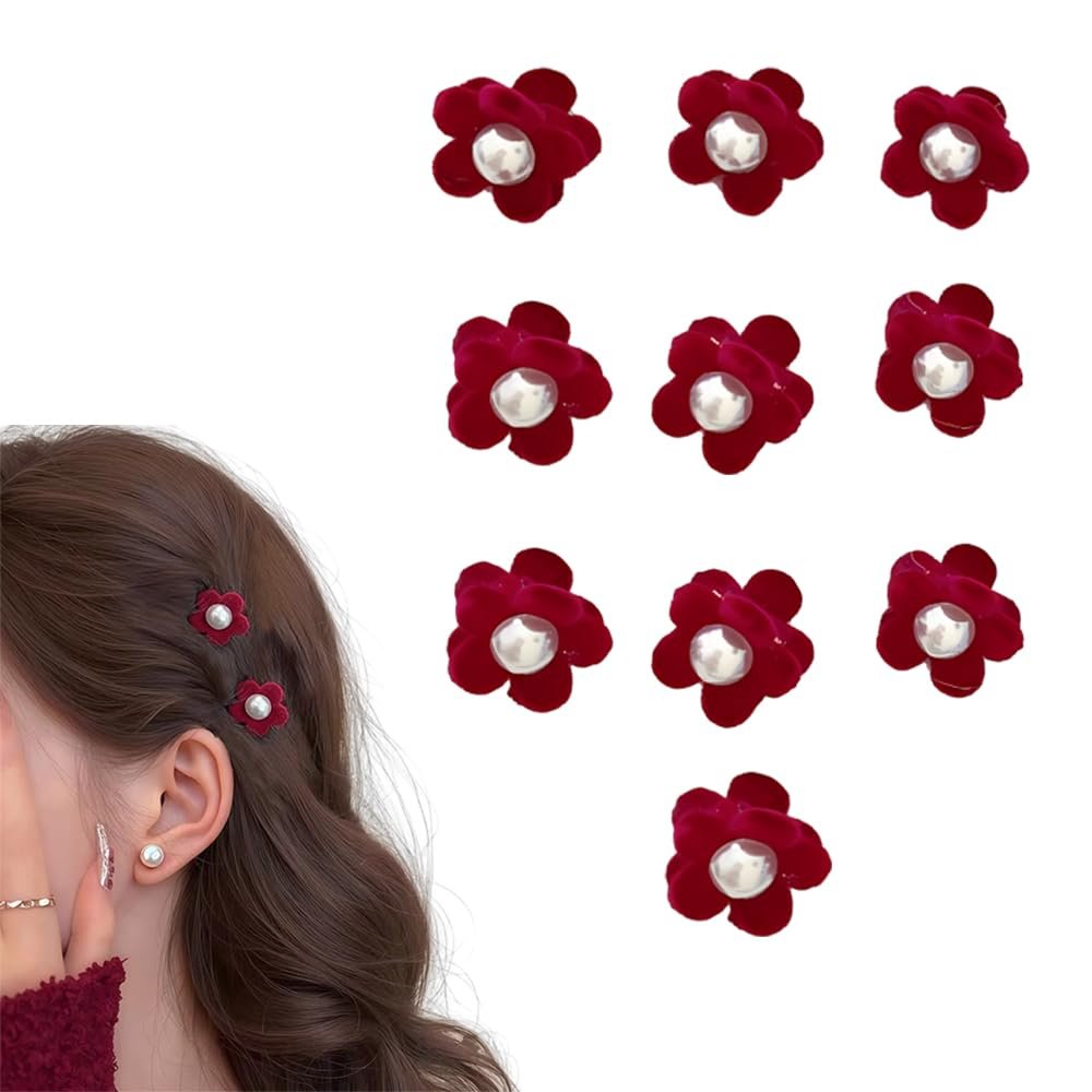 10Pcs Mini Flower Hair Clips for Women Girls Wine Red Small Flower Claw Clips with Pearl Hair Decorations for Women Girls Braids Toddler Clip for Hair