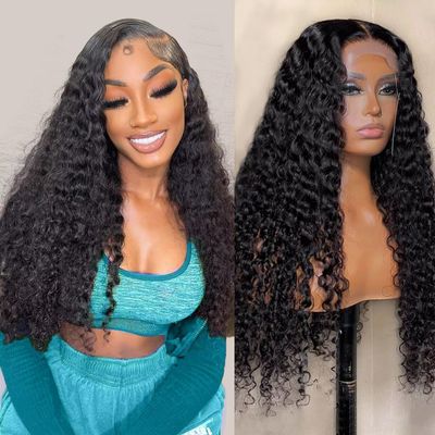 13x6 Deep Wave Lace Front Wigs Human Hair 200 Density HD Transparent Lace Front Wigs for Women 12A 1.09 Inch Deep Curly Wigs Human Hair Pre Plucked with Baby Hair Natural Black