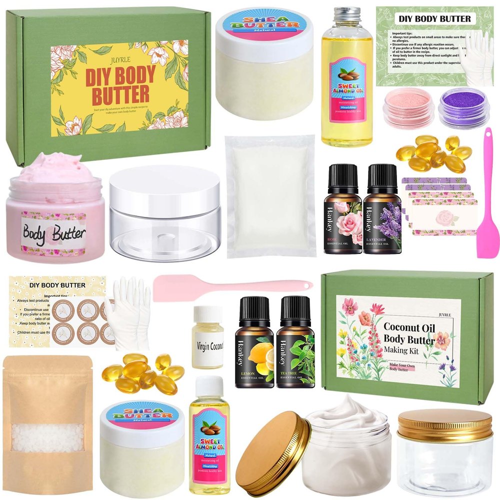 JUYRLE Body Butter Making Kit- Shea Butter Lotion Making Kit, DIY Crafts for Adults with Organic Shea Butter, Sweet Almond Oil, Mica Powder, Natural Whipped Body Butter Maker Skin Care Gifts for Women
