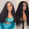 13x6 Deep Wave Lace Front Wigs Human Hair 200 Density HD Transparent Lace Front Wigs for Women 12A 1.18 Inch Deep Curly Wigs Human Hair Pre Plucked with Baby Hair Natural Black view 1